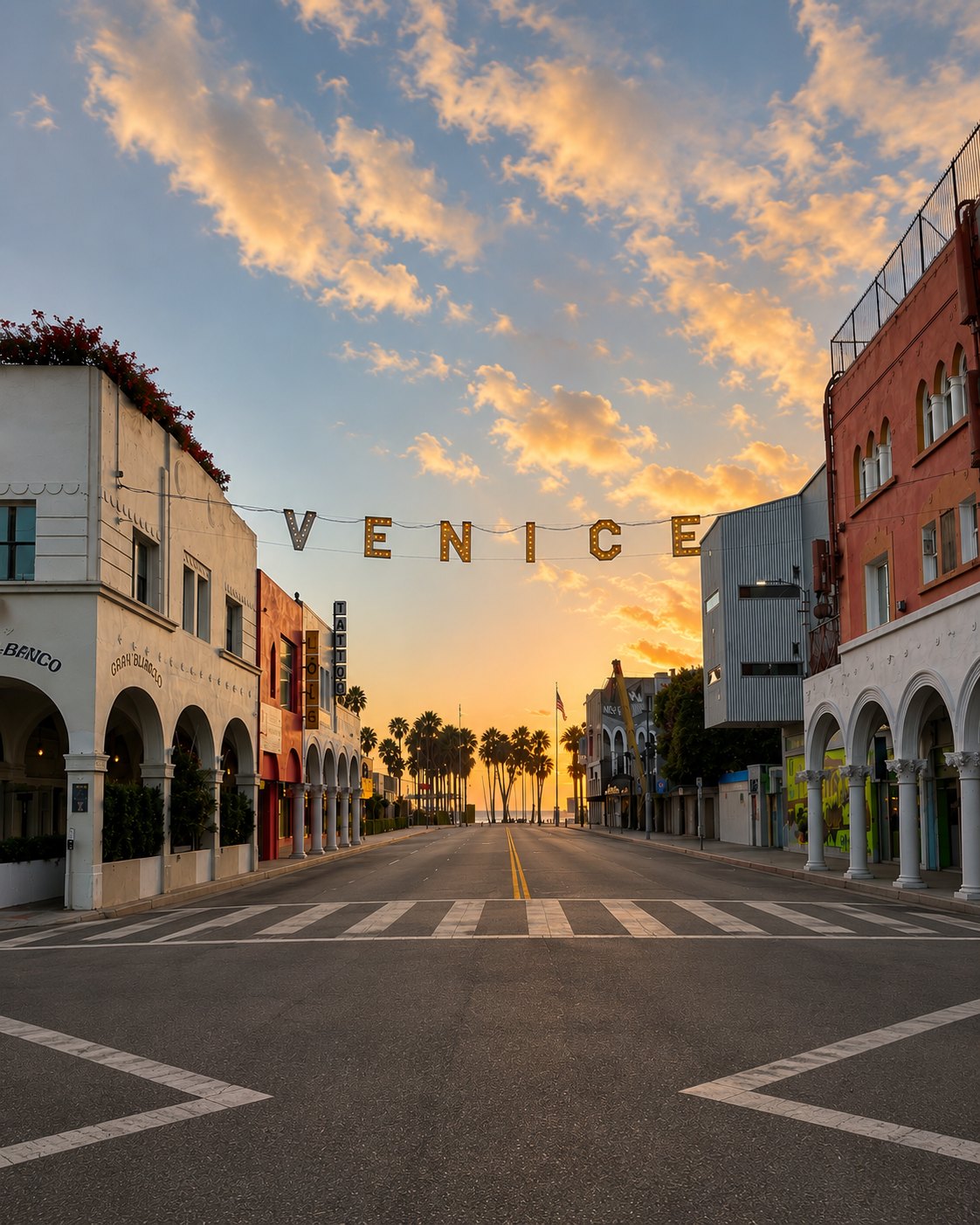 The Venice sign over Windward Avenue at sunset